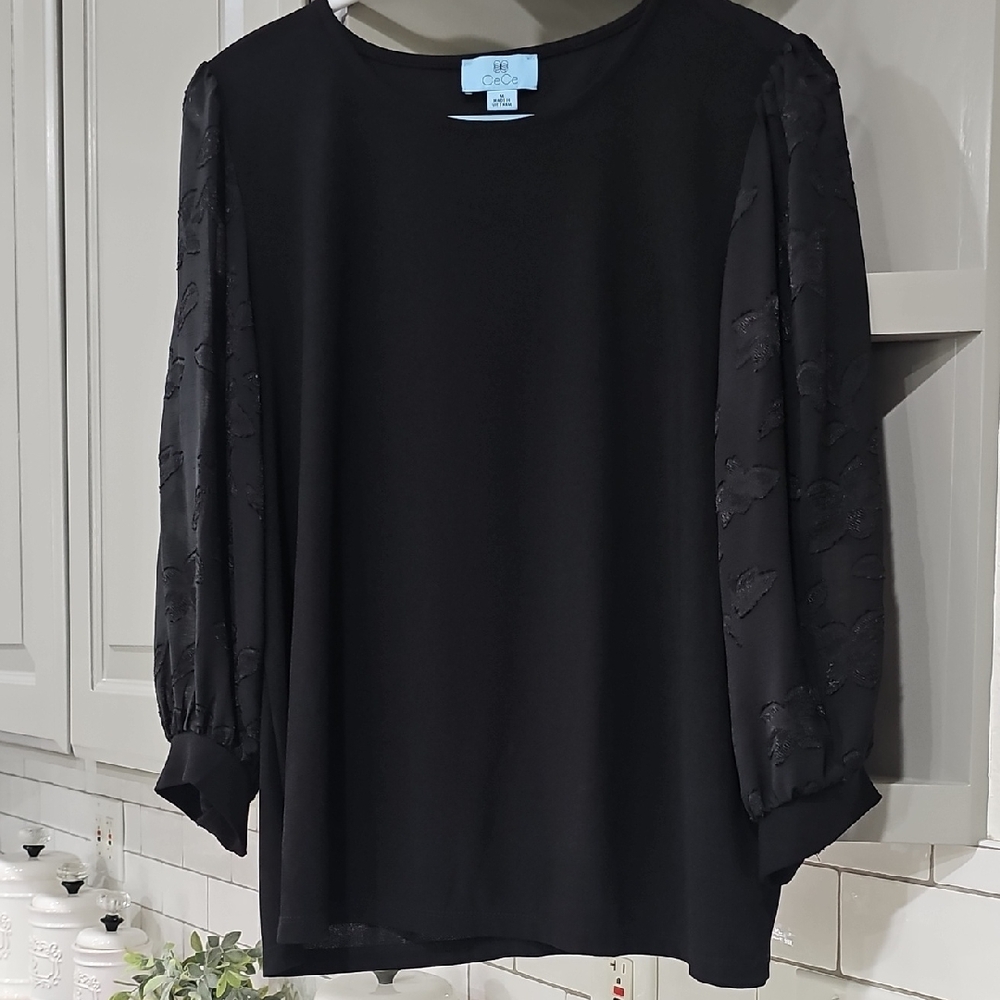 CeCe Black Blouse with Sheer Sleeves